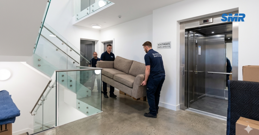 Movers carrying sofa during a flat removals Southgate move with professional man and van service