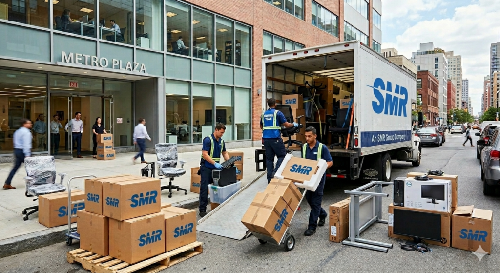 Office removals Southgate team loading desks and business equipment into removals van
