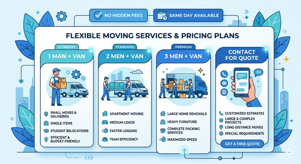 Man and van Tottenham prices infographic showing hourly rate options and transparent pricing with no hidden fees