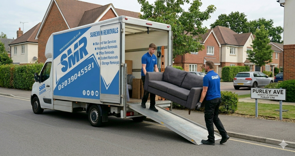 man and van Purley movers loading sofa into van CR8