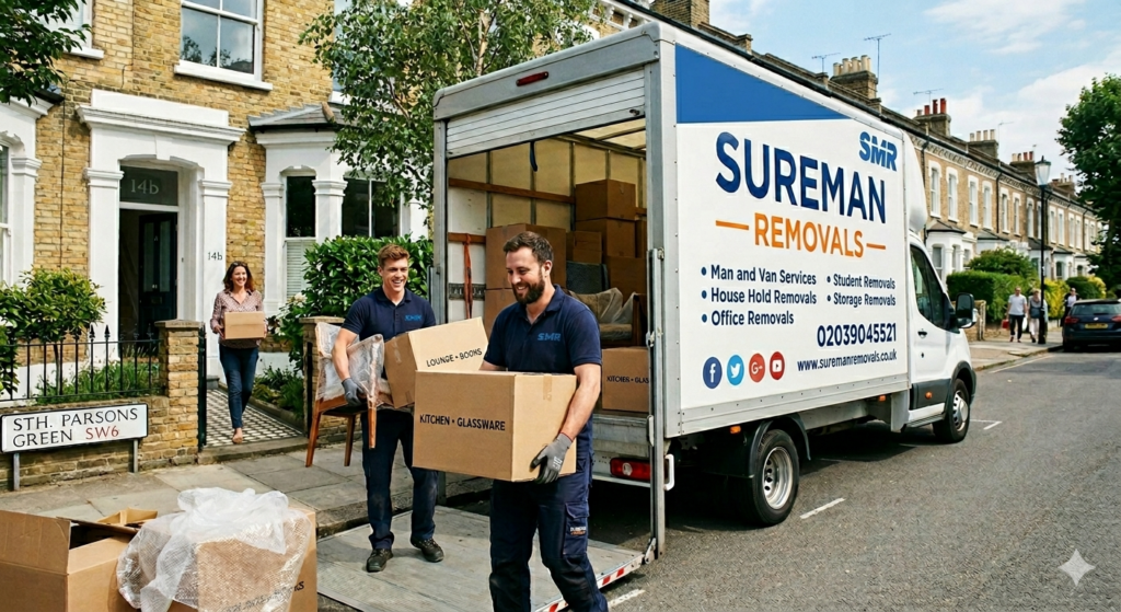 Sureman Removals team unloading furniture from van in Parsons Green, SW6