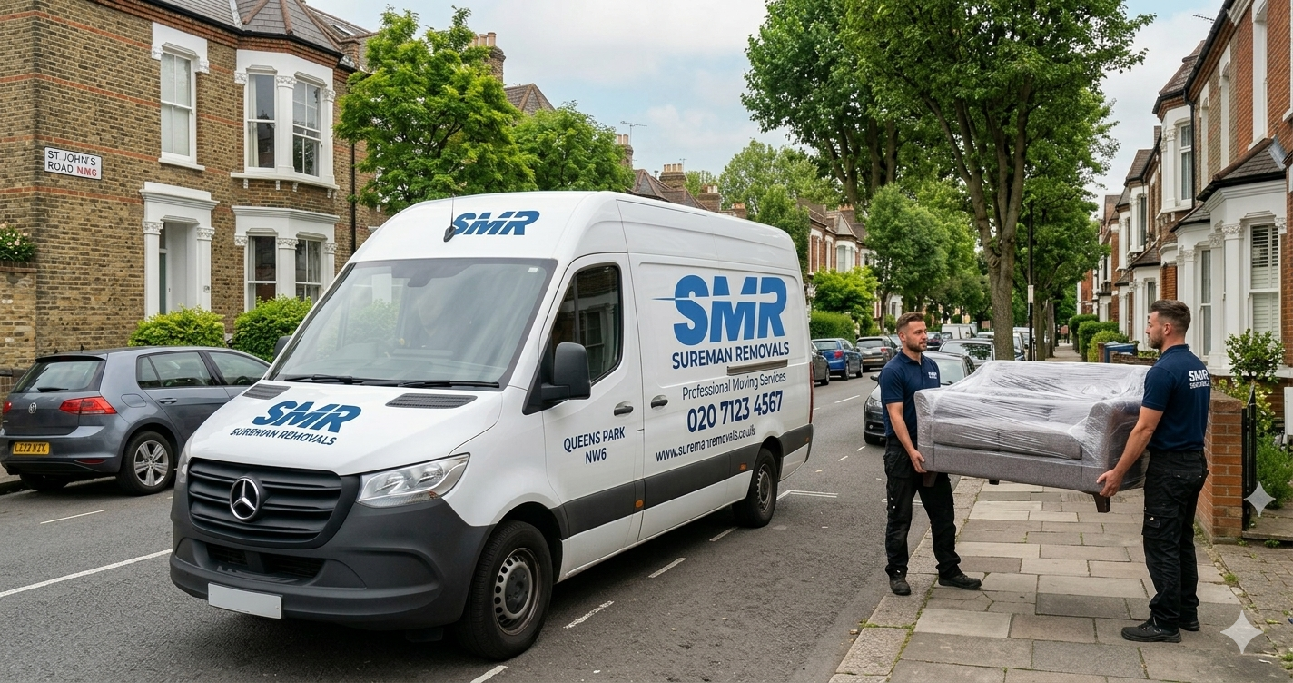 man and van Queens Park NW6 cheap removals van with mover carrying sofa