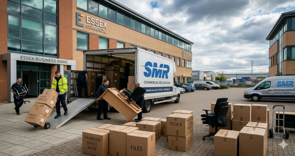 Office removals Thurrock movers loading office furniture and boxes into van