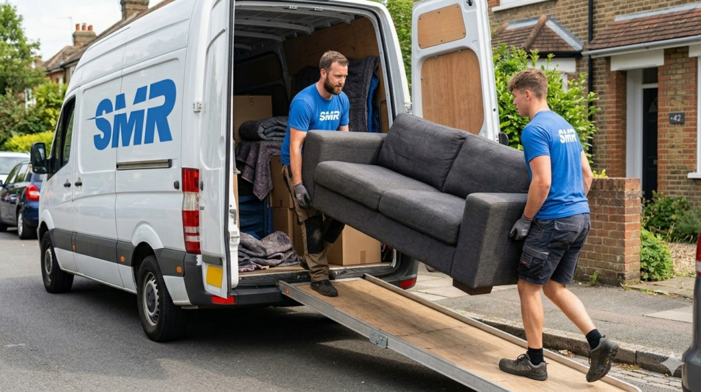 2 man and van Notting Hill movers carrying sofa for flat and house removals