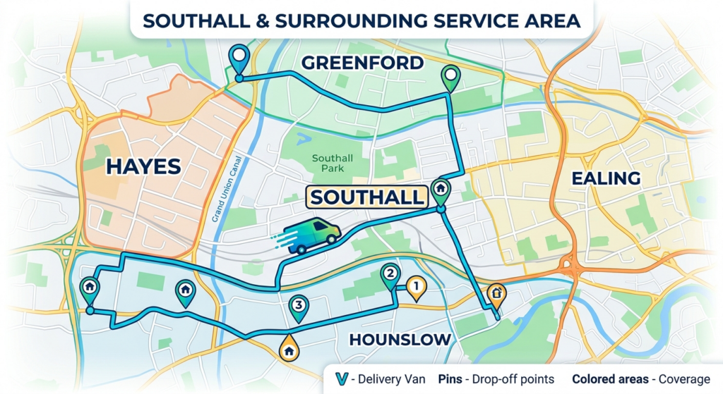 Southall man and van service coverage map including Hayes Greenford Ealing and nearby areas