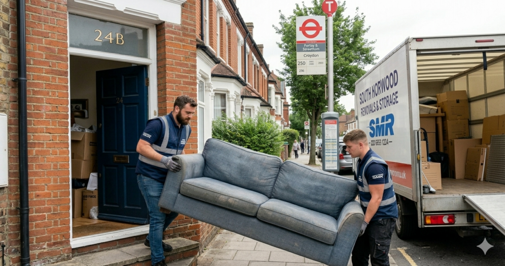 House removals South Norwood team carrying sofa during flat move