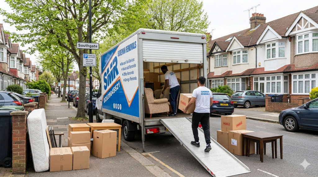 Sureman Removals team loading furniture into a van for a man and van Southgate house move in N14