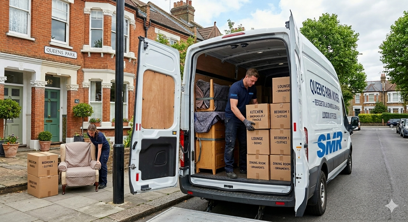 house removals Queens Park movers loading furniture into van safely