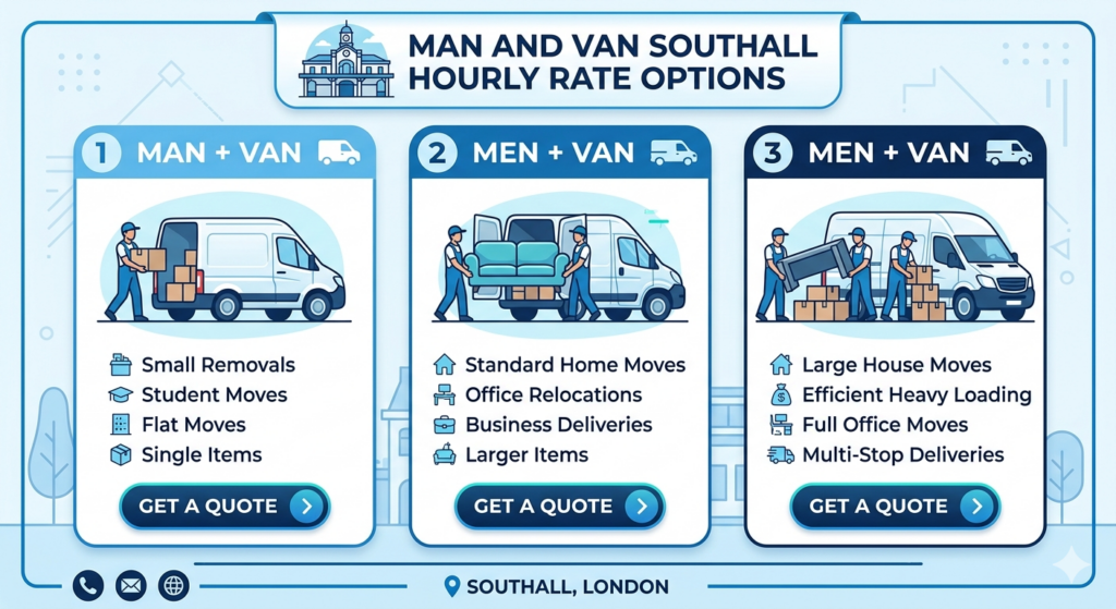 Blue infographic showing man and van Southall prices and hourly rate options with quote buttons