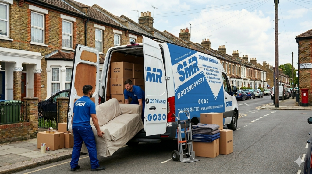 experienced movers carrying sofa during house removals Old Ford service