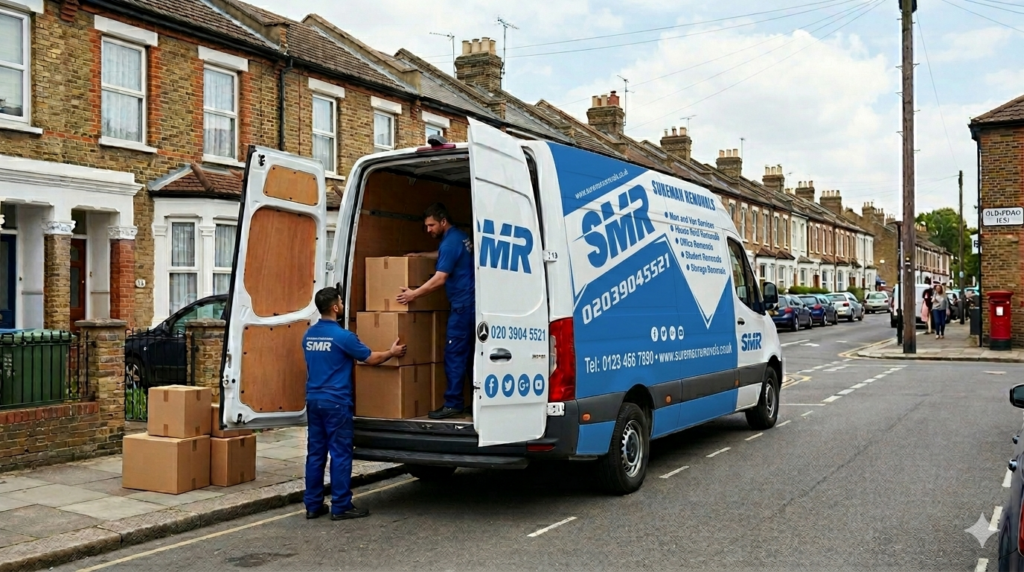professional man and van Old Ford service loading boxes into removal van E3