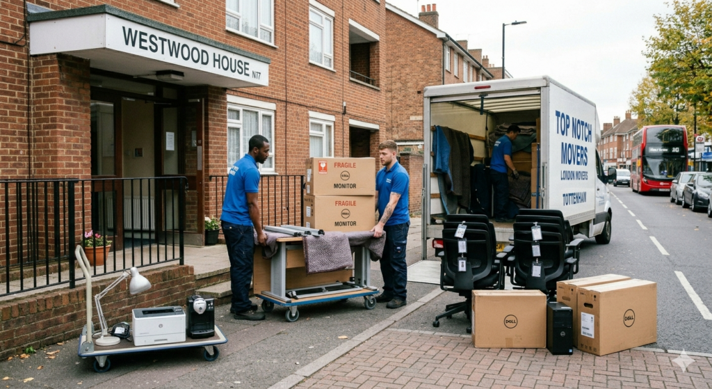 Office removals Tottenham movers loading desks and business equipment into van