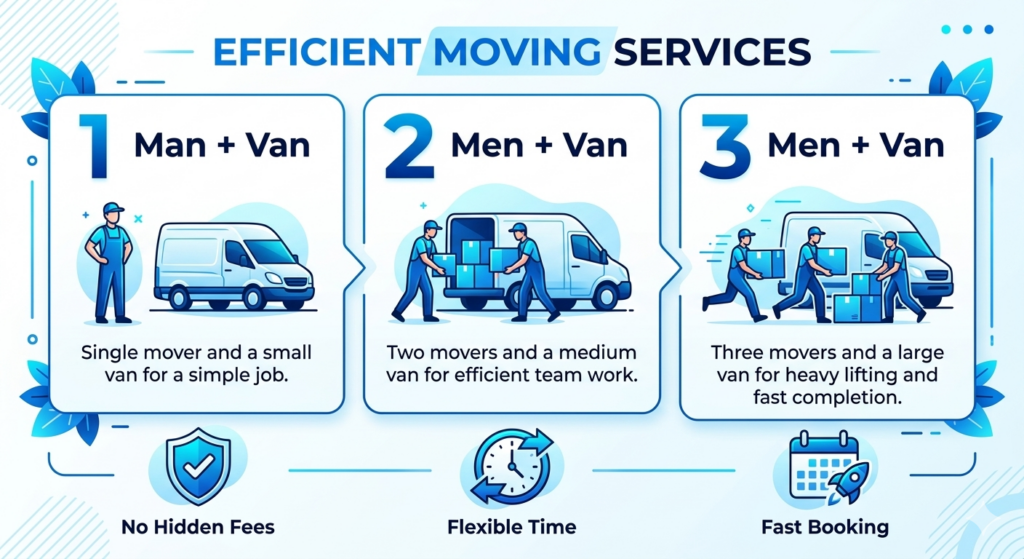 man and van Osterley hourly rate infographic showing 1 man 2 men and 3 men van options