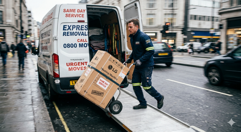 Man and van for single item Hammersmith movers carrying sofa into flat