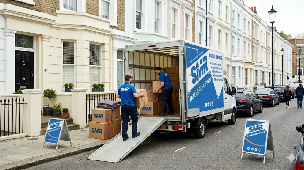 man and van Notting Hill W11 with movers loading removal van outside home