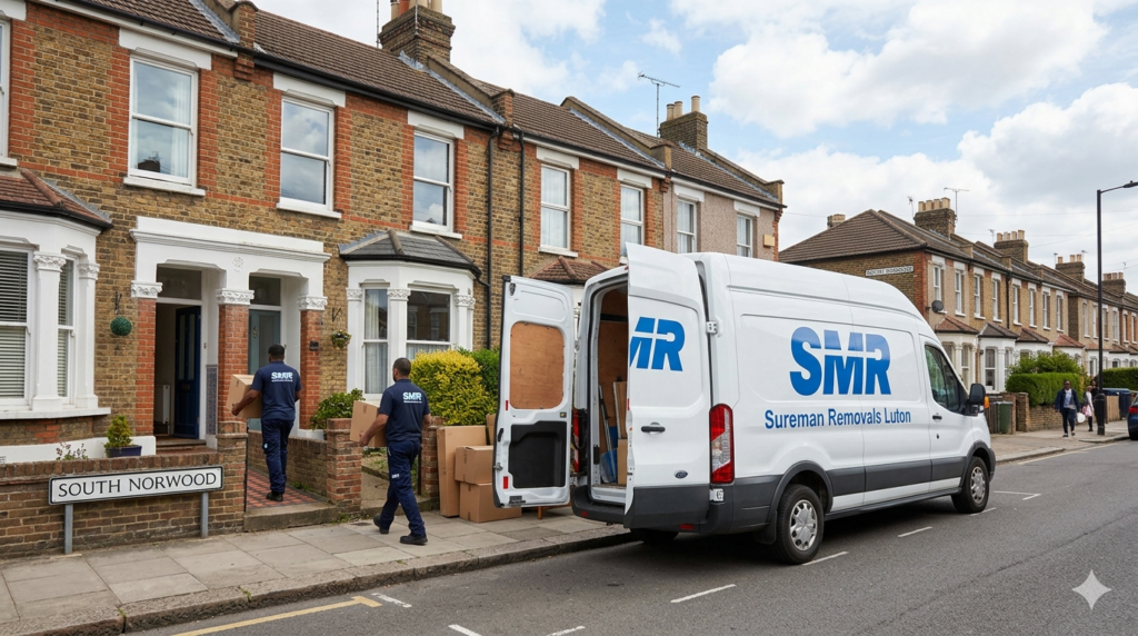 Man and Van South Norwood team loading boxes into Sureman Removals van in SE25