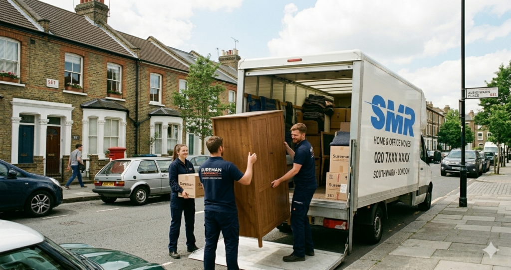 Man and Van Southwark team loading furniture into a removals van in SE1