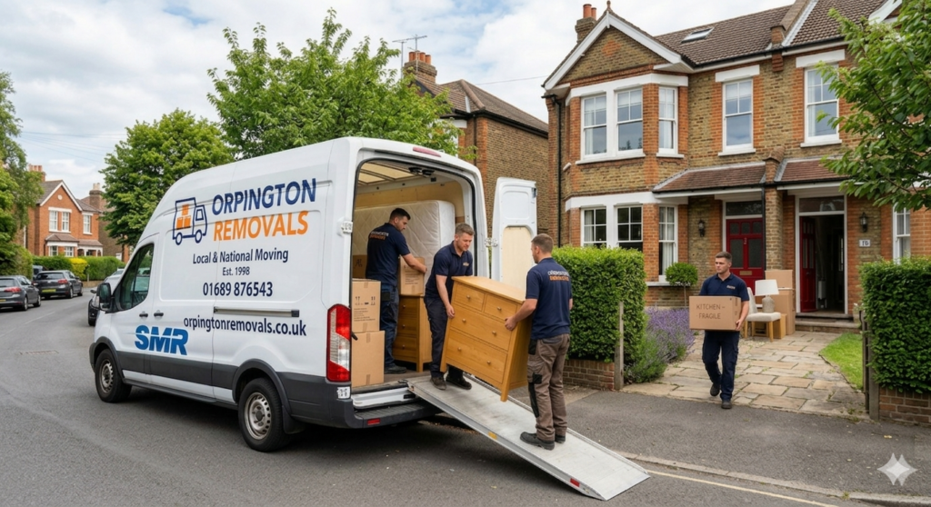 cheap man and van Orpington team loading removal van outside house