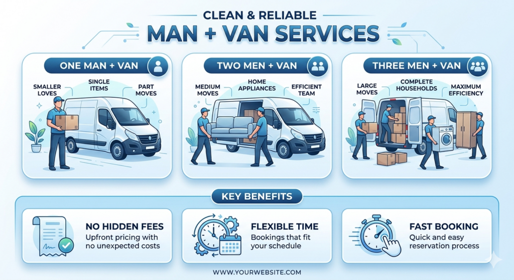 man and van Old Ford prices and hourly rate infographic showing service options