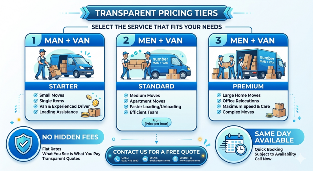 Man and van Tilbury prices infographic showing 1 man van 2 men van 3 men van contact for quote