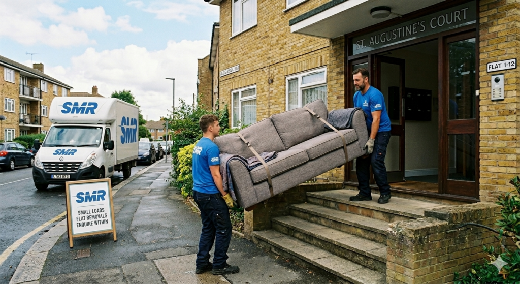Flat removals Slade Green movers carrying sofa into apartment building