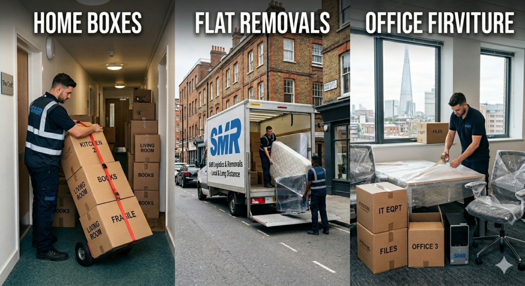 House flat and office removals Southwark with professional movers handling boxes and furniture