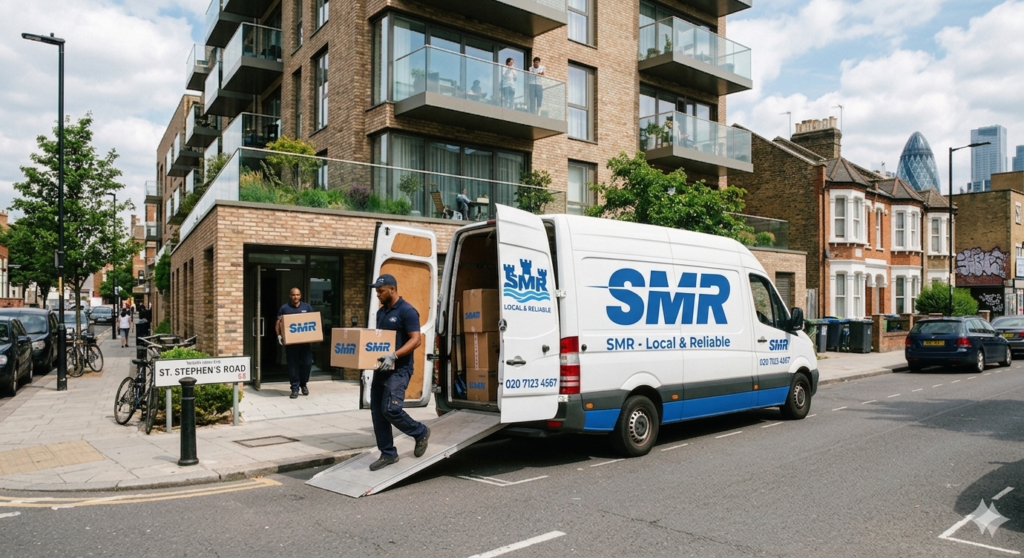 Man and Van Tower Hamlets movers loading boxes into removals van outside flat