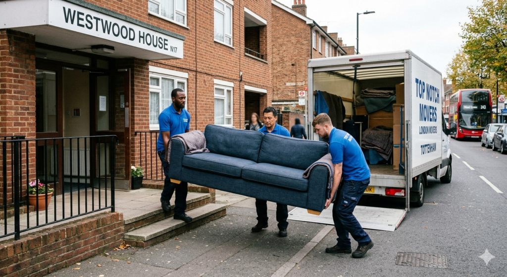 Flat removals Tottenham movers carrying sofa from apartment building into van