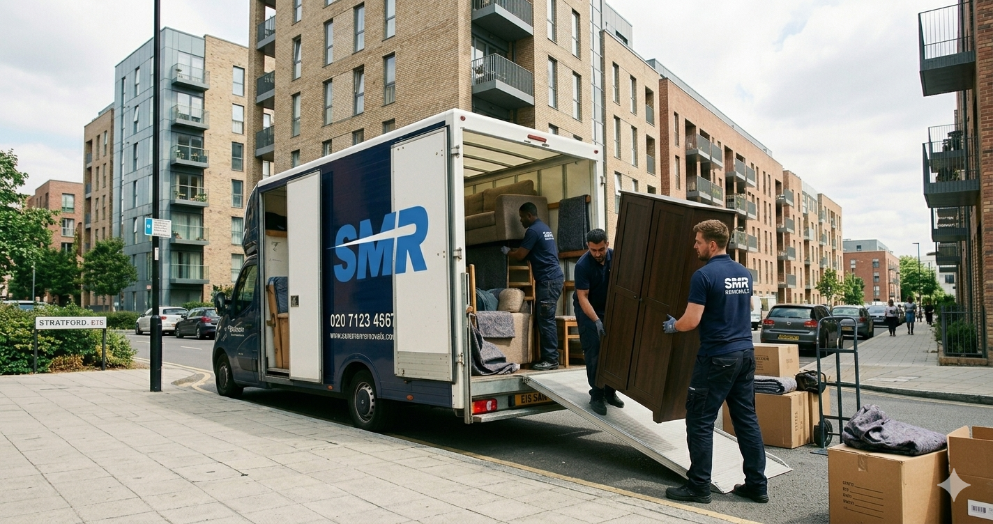 Man and Van Stratford team loading furniture into removal van in Stratford E15