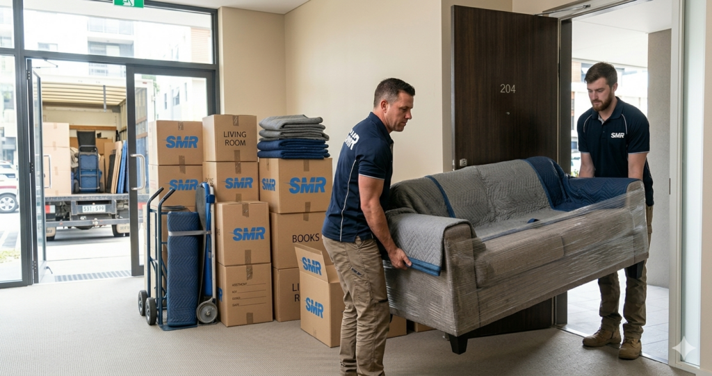 House removals Tower Hamlets team moving sofa from apartment safely
