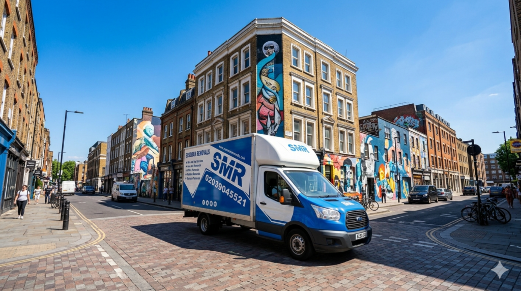 Sureman Removals van driving through Shoreditch streets for cheap and reliable removals