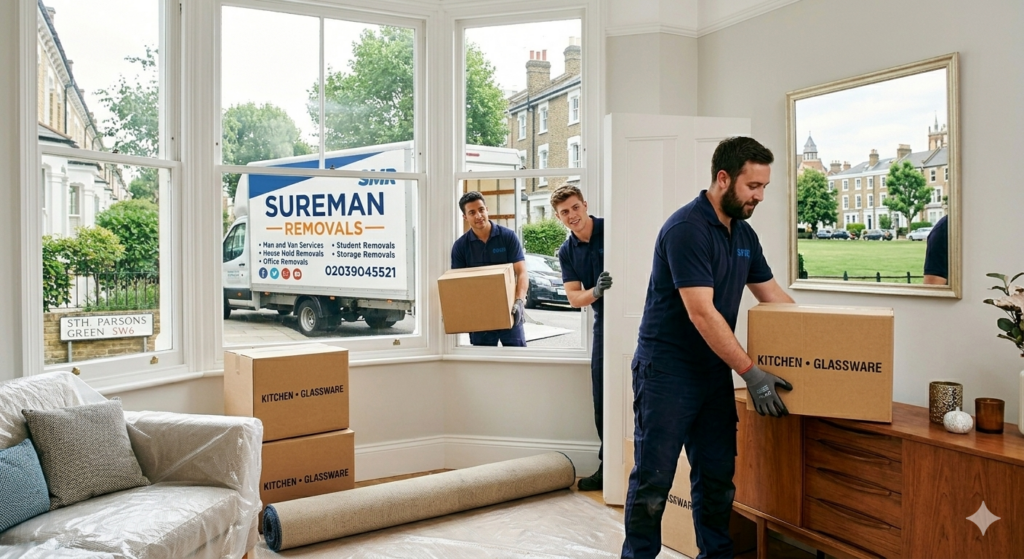 Man and Van team moving boxes into a house in Parsons Green, SW6
