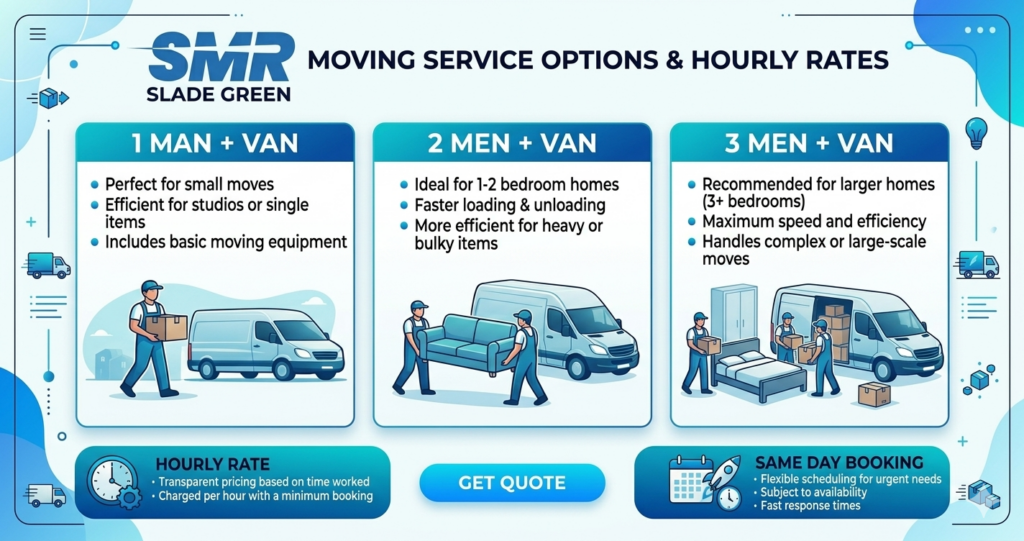 Man and Van Slade Green prices and hourly rate infographic with van hire options