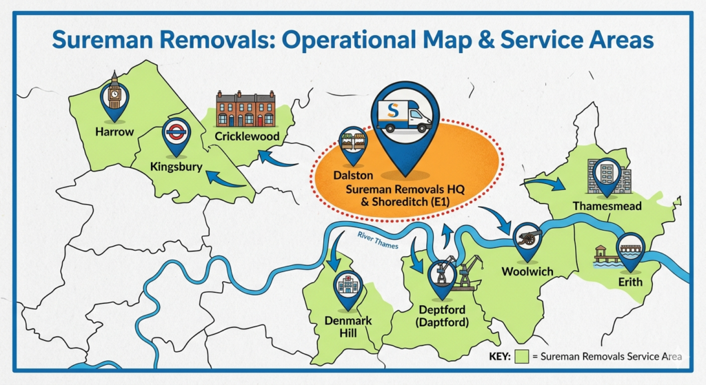 Map of Shoreditch showing Sureman Removals coverage in the surrounding areas