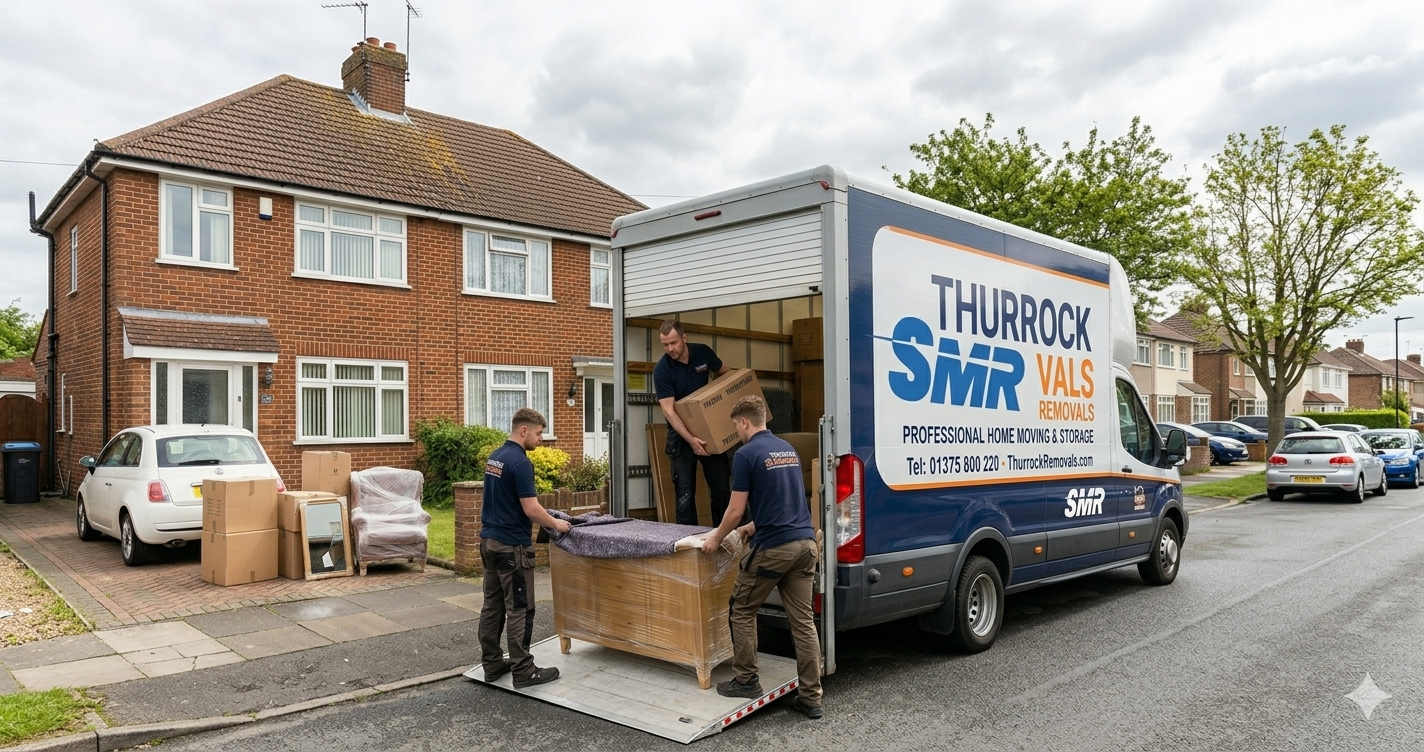 Man and Van Thurrock team loading boxes into removal van during house move in Thurrock