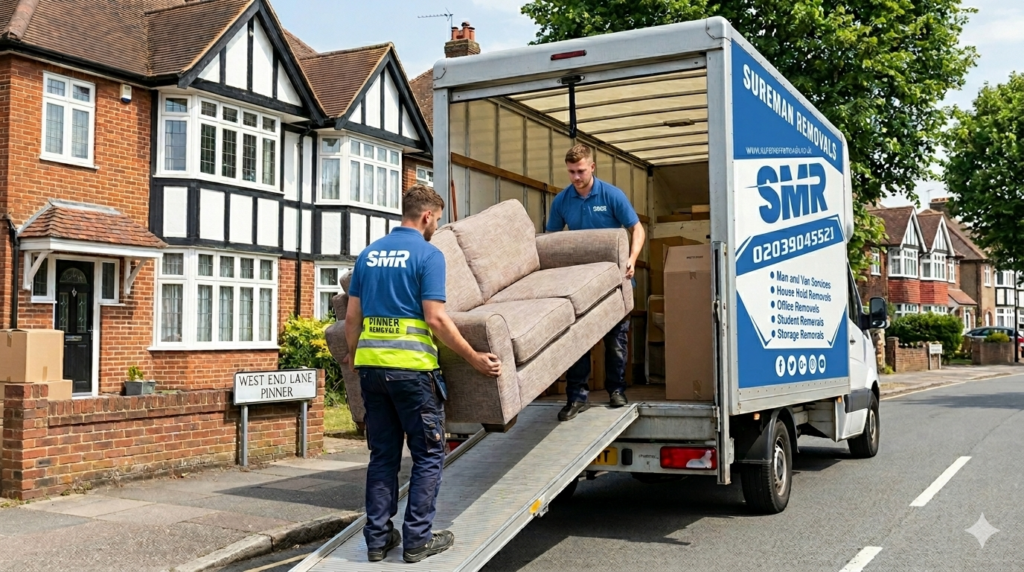 Man and van Pinner team carrying sofa into van during house removal HA5