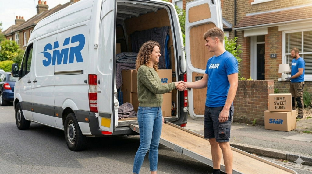 happy customer with man and van Notting Hill team after successful move