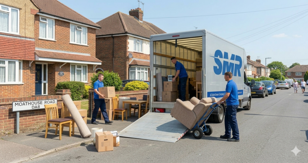 Man and Van Slade Green removals team loading furniture into a moving van in DA8
