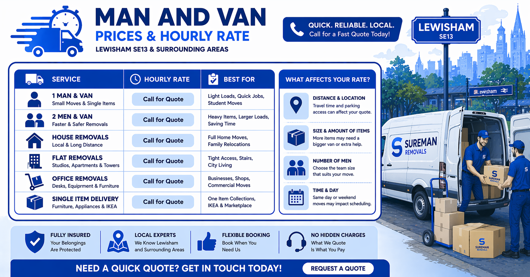man and van Lewisham hourly rate infographic blue and white