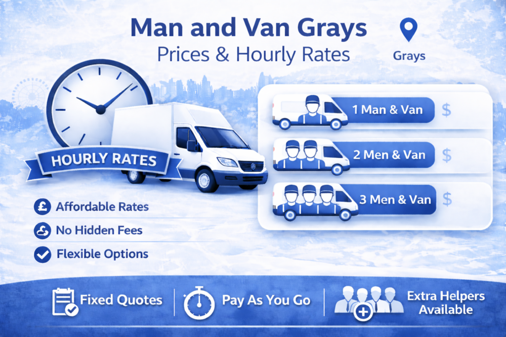 Man and van Grays pricing infographic showing hourly rates with no hidden fees
