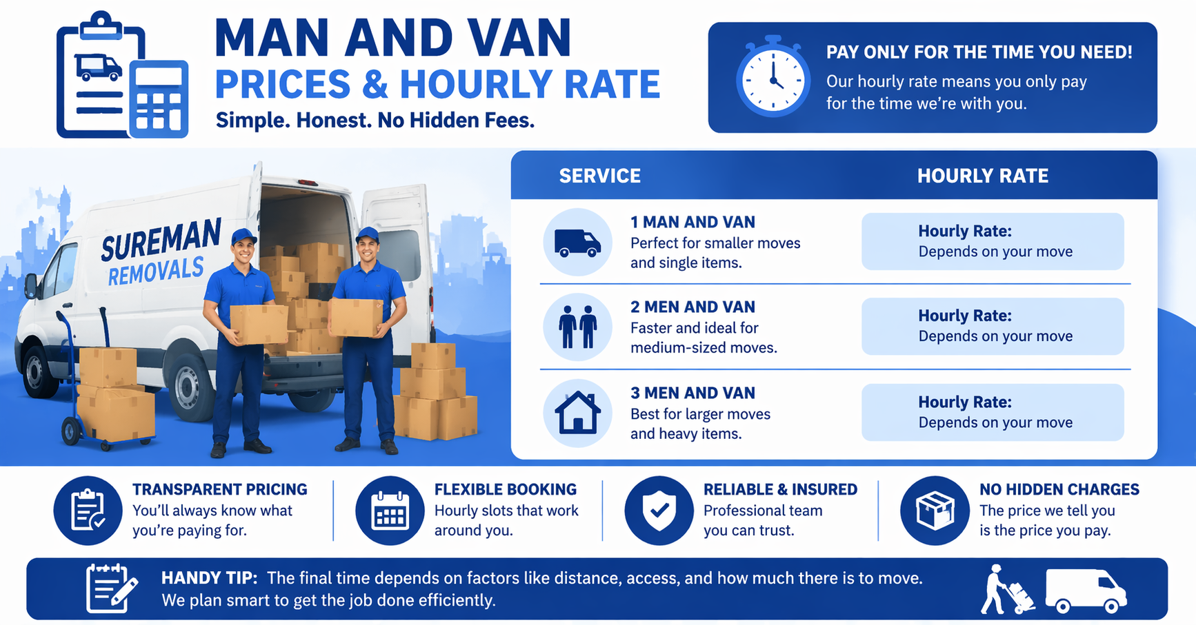 Breakdown of pricing for Man and Van Gunnebury services showing hourly rates for one man, two man, and three man teams