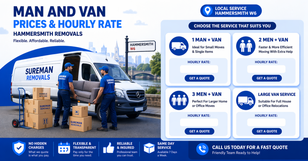 Man and van Hammersmith pricing infographic showing hourly rate options with no hidden fees