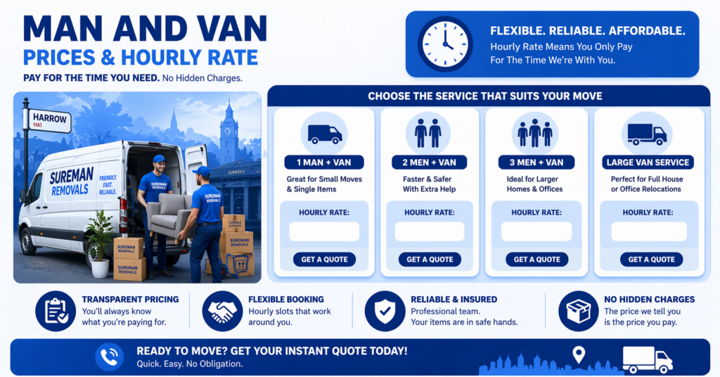 Man and van Harrow pricing infographic showing service options and hourly rate structure