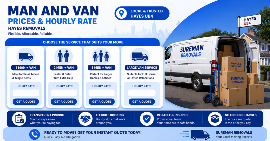 Man and van Hayes pricing infographic showing service options and hourly rate structure without prices