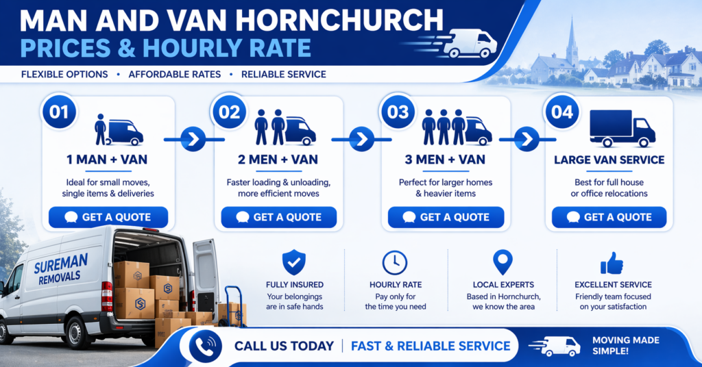 Man and van Hornchurch pricing infographic showing service options and hourly rate structure without prices