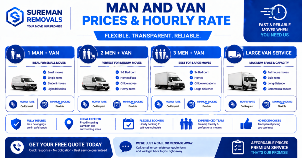 Infographic displaying flexible hourly rates for man and van Lambeth services