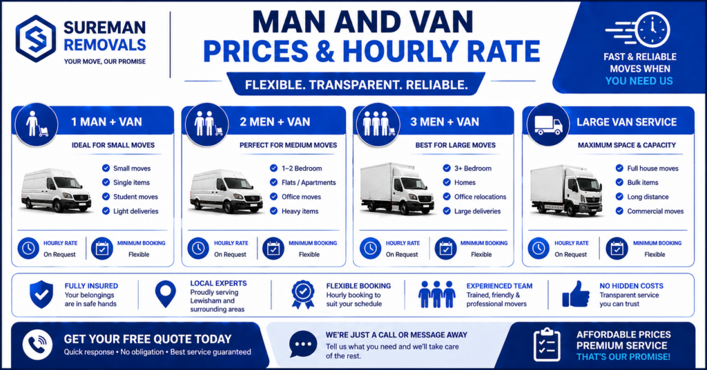 Man and van Lewisham pricing infographic showing service tiers and hourly rate options without price symbols