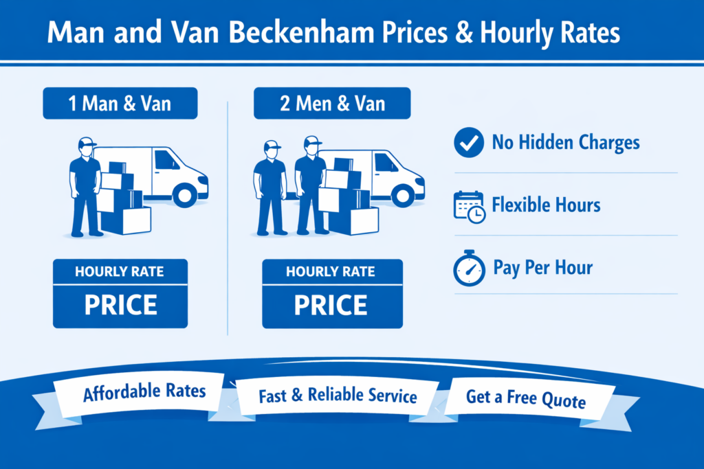 man and van Beckenham prices and hourly rate infographic showing 1 man and van and 2 man and van service options with affordable pricing structure