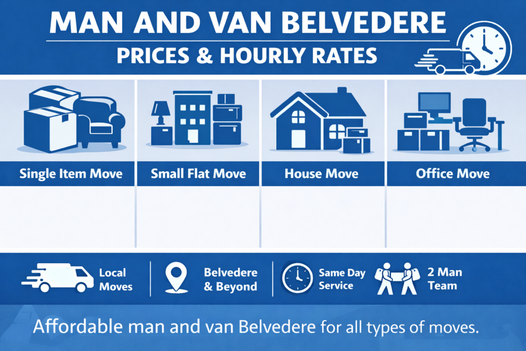 Man and van Belvedere prices and hourly rate infographic showing single item, flat, house and office removals services