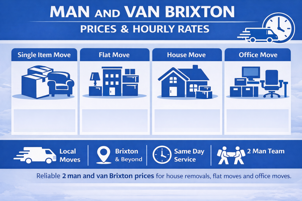 man and van Brixton prices infographic showing single item, flat, house and office removals services